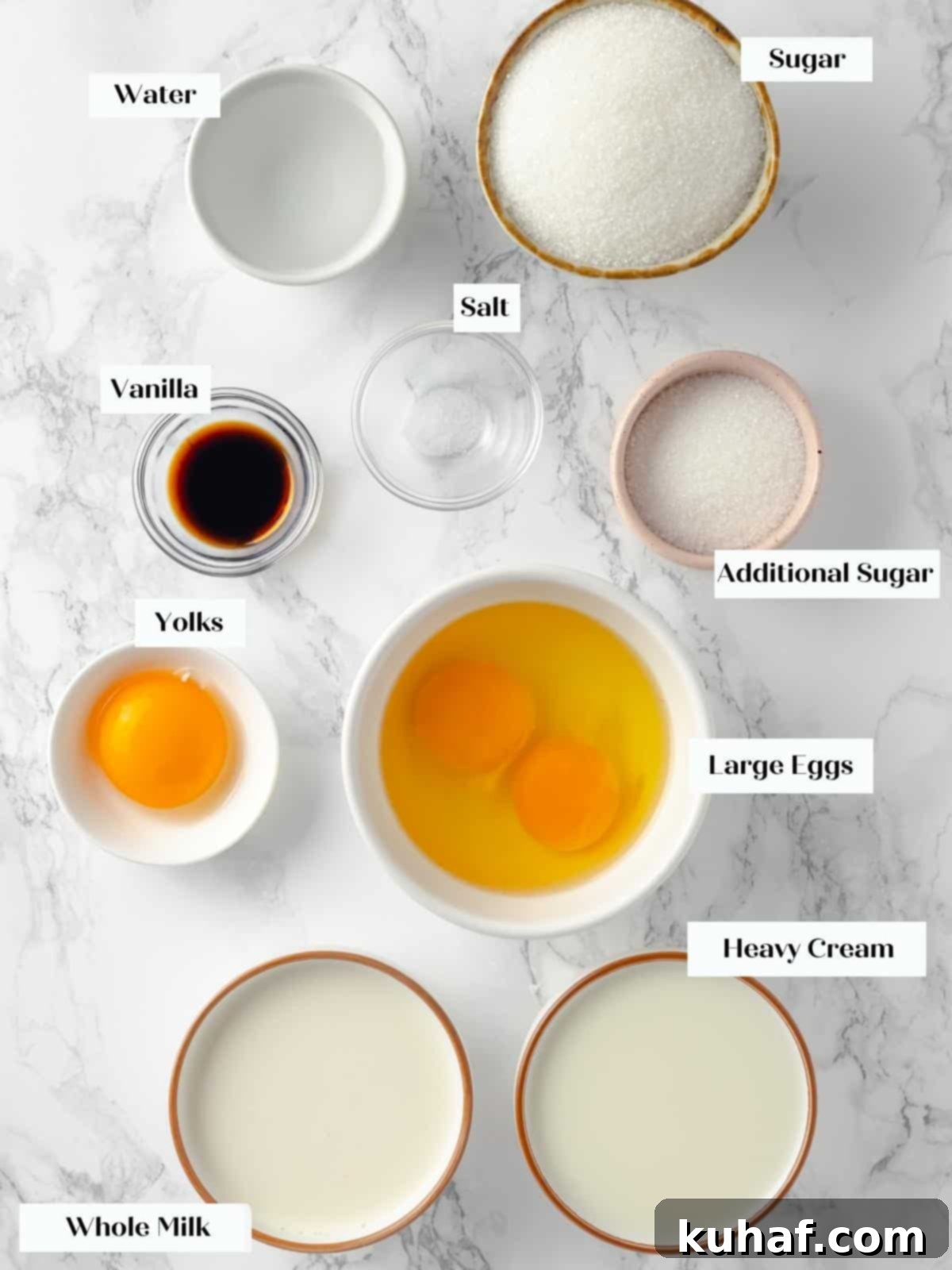 Ingredients for creme caramel laid out, including granulated sugar, eggs, milk, vanilla bean paste, and heavy cream on a white countertop.