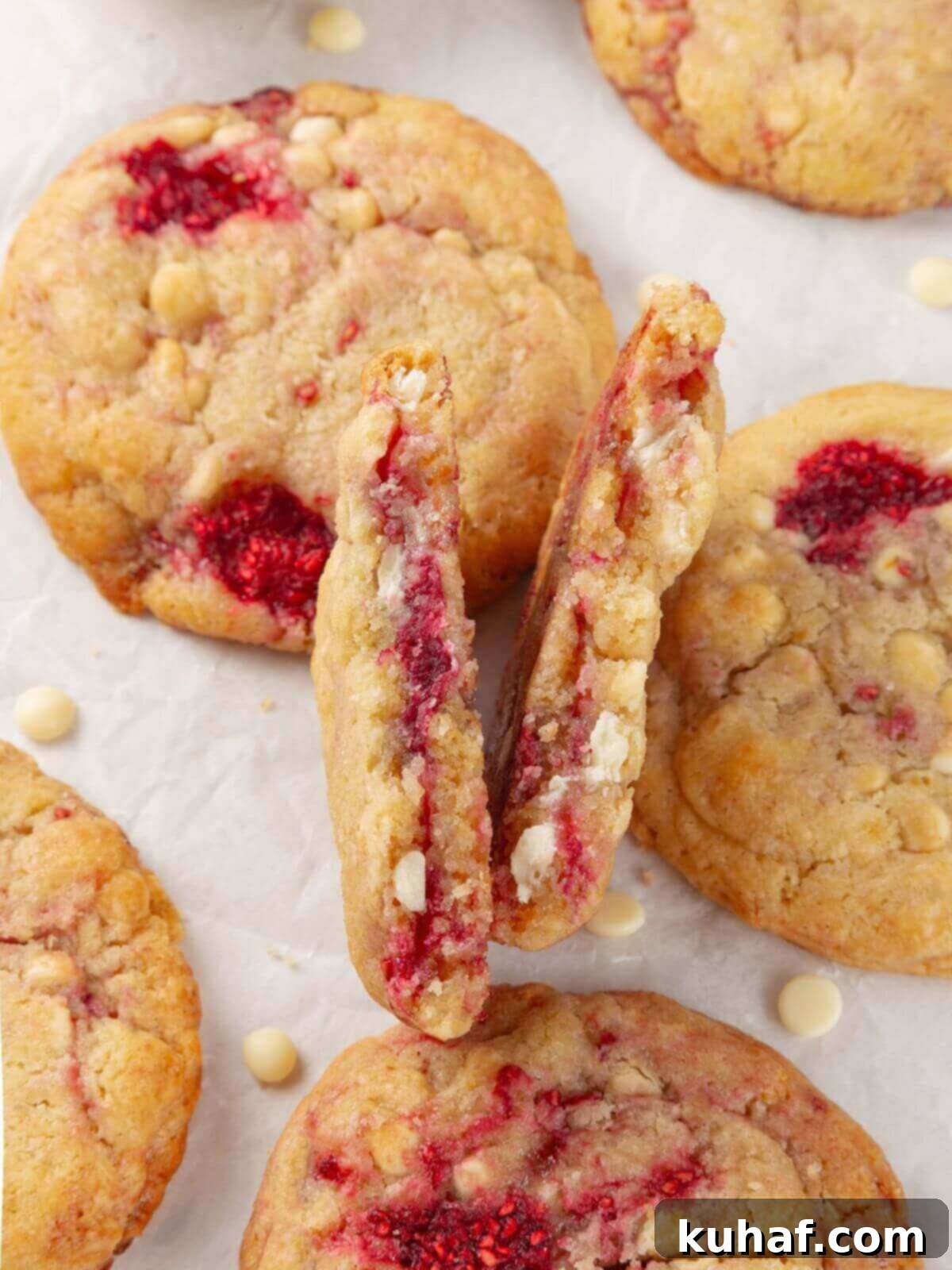 Luscious White Chocolate Raspberry Cookies 2 A close-up of a white chocolate raspberry cookie with a chewy, soft interior and melted white chocolate and visible raspberry pieces.
