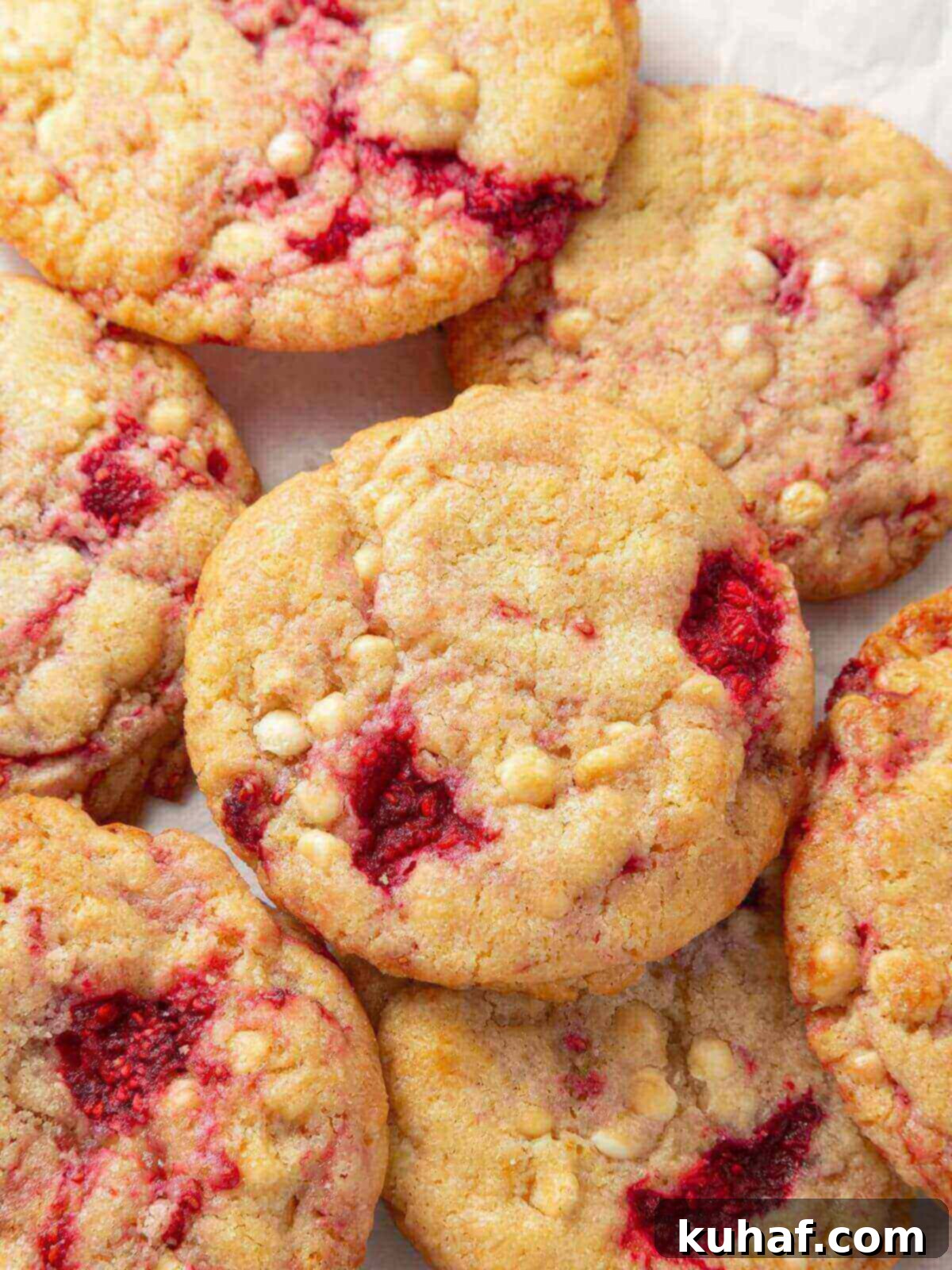 Luscious White Chocolate Raspberry Cookies 17 A beautiful arrangement of white chocolate raspberry cookies on a white plate, perfect for serving and sharing.