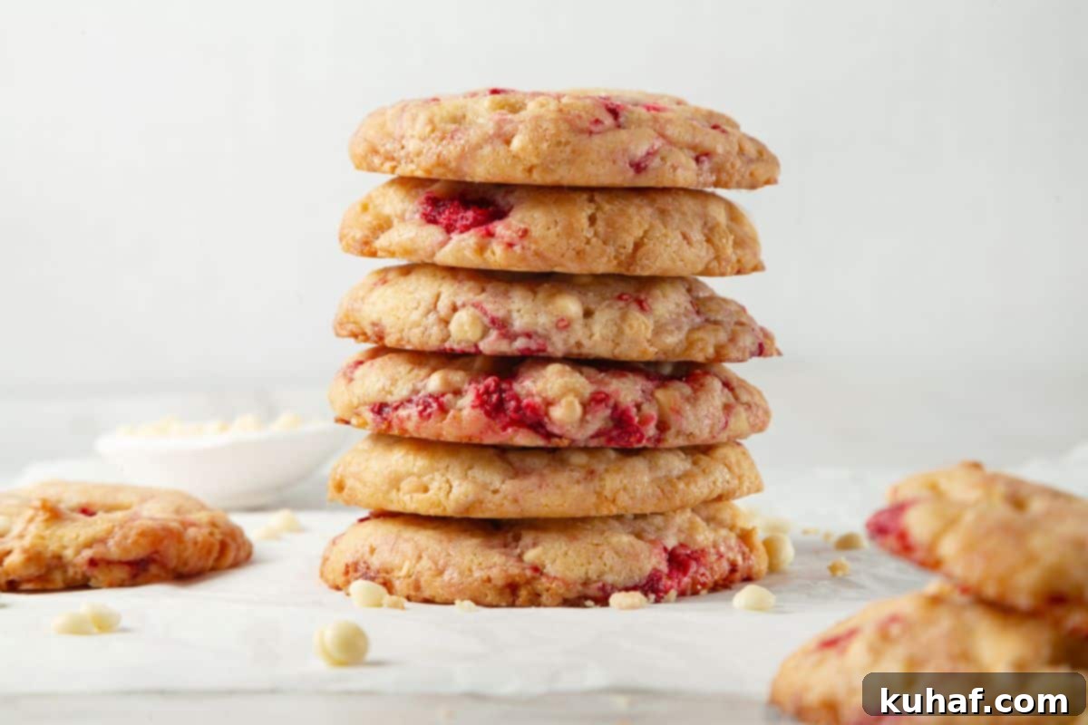 Luscious White Chocolate Raspberry Cookies 3 A stack of golden-brown white chocolate raspberry cookies, showcasing their thick, chewy texture and vibrant raspberry swirls.