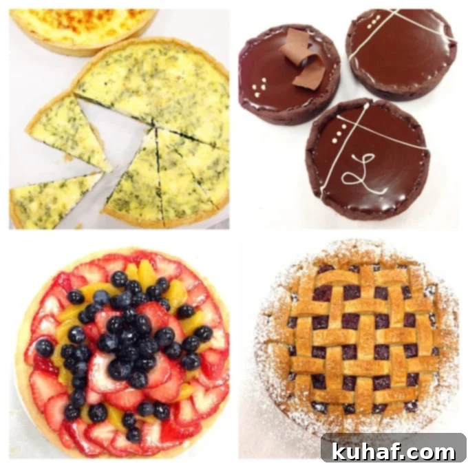 A beautifully arranged selection of pastries, including various tarts and puff pastry creations, showcasing diverse culinary school skills.