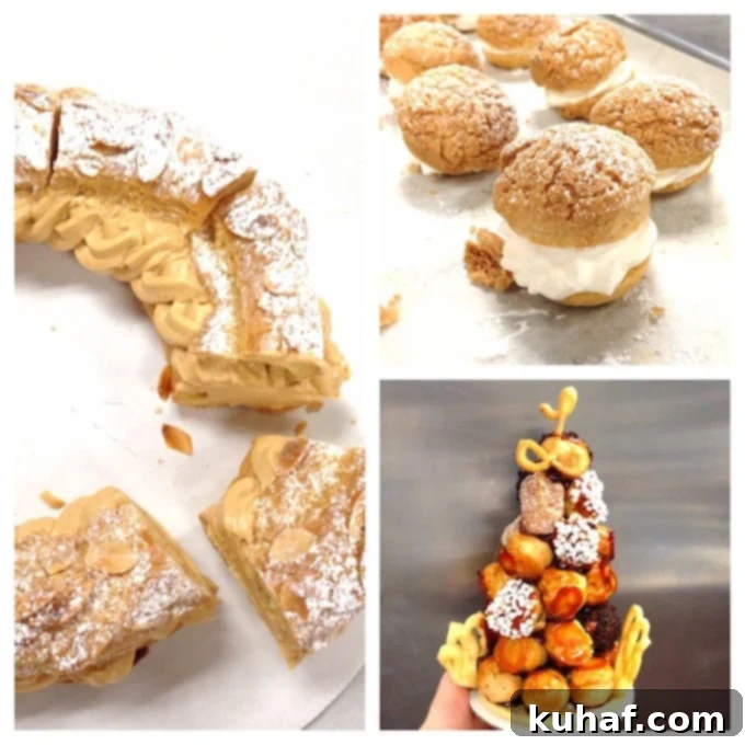 A spread of various pastries made with pâte à choux, including éclairs and cream puffs, showcasing the versatility of the dough.