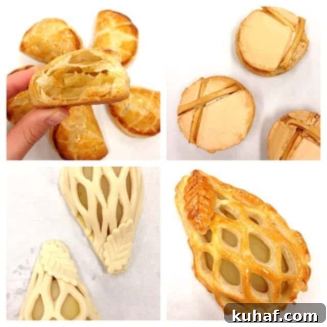 An array of exquisite puff pastry creations, including 'Conversations' tartlettes with royal icing and 'Tartes aux Poires en Cages' (pear tarts).
