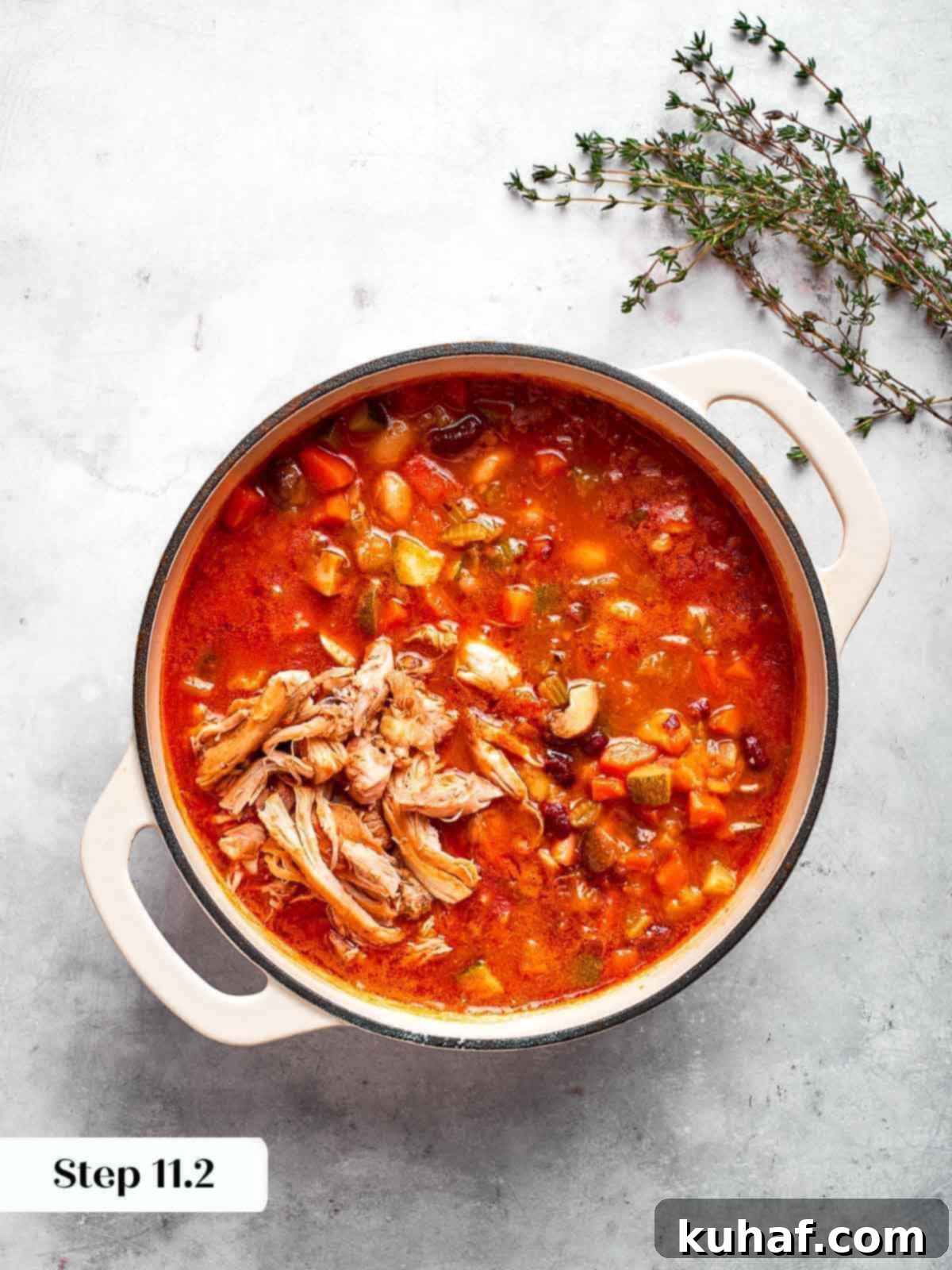 Comforting Chicken Garden Soup 15 Freshly shredded chicken added back into the rich, simmering soup.