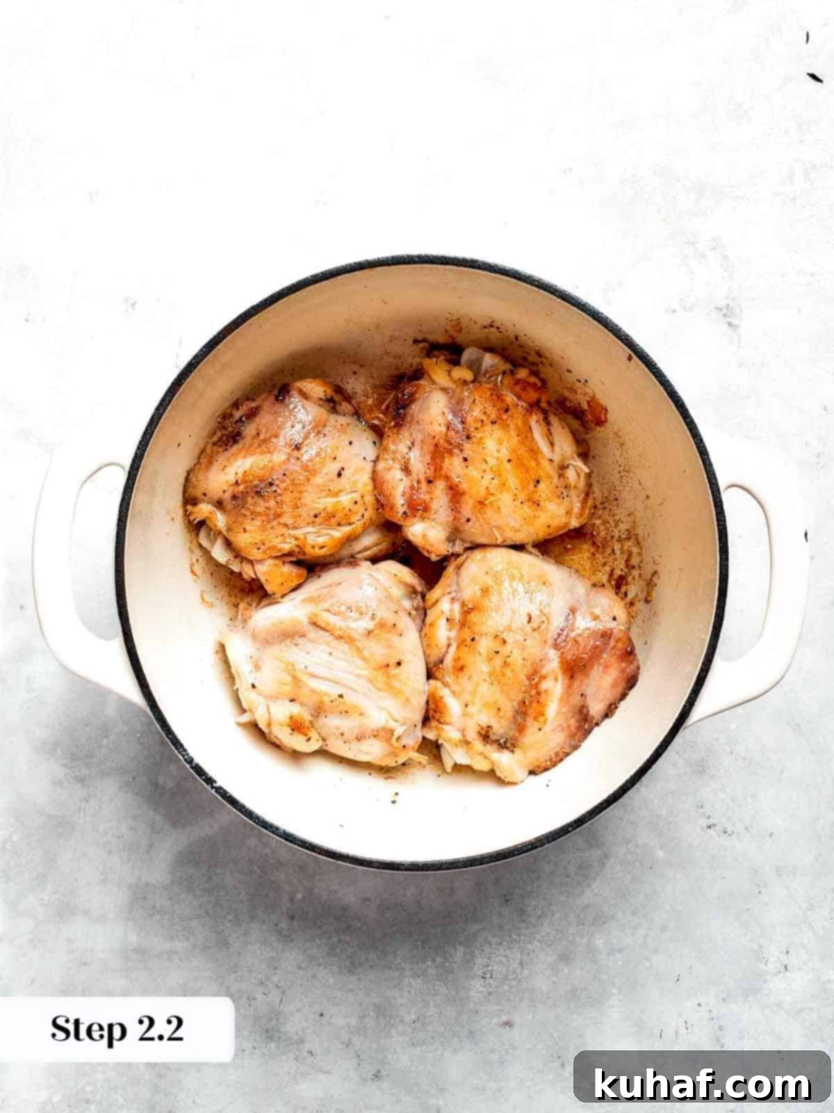 Comforting Chicken Garden Soup 6 Perfectly browned chicken thighs sizzling in the soup pot.
