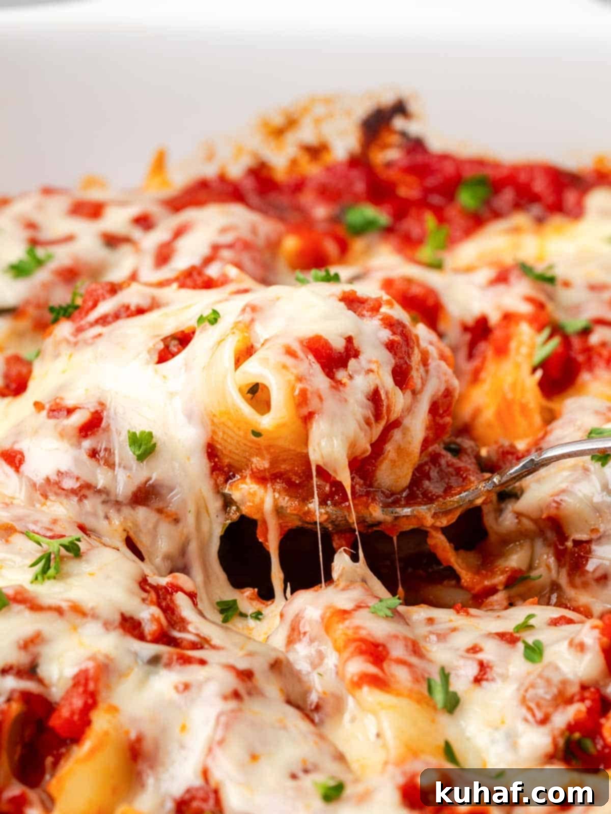 melted cheese pulling around stuffed shell on spoon.