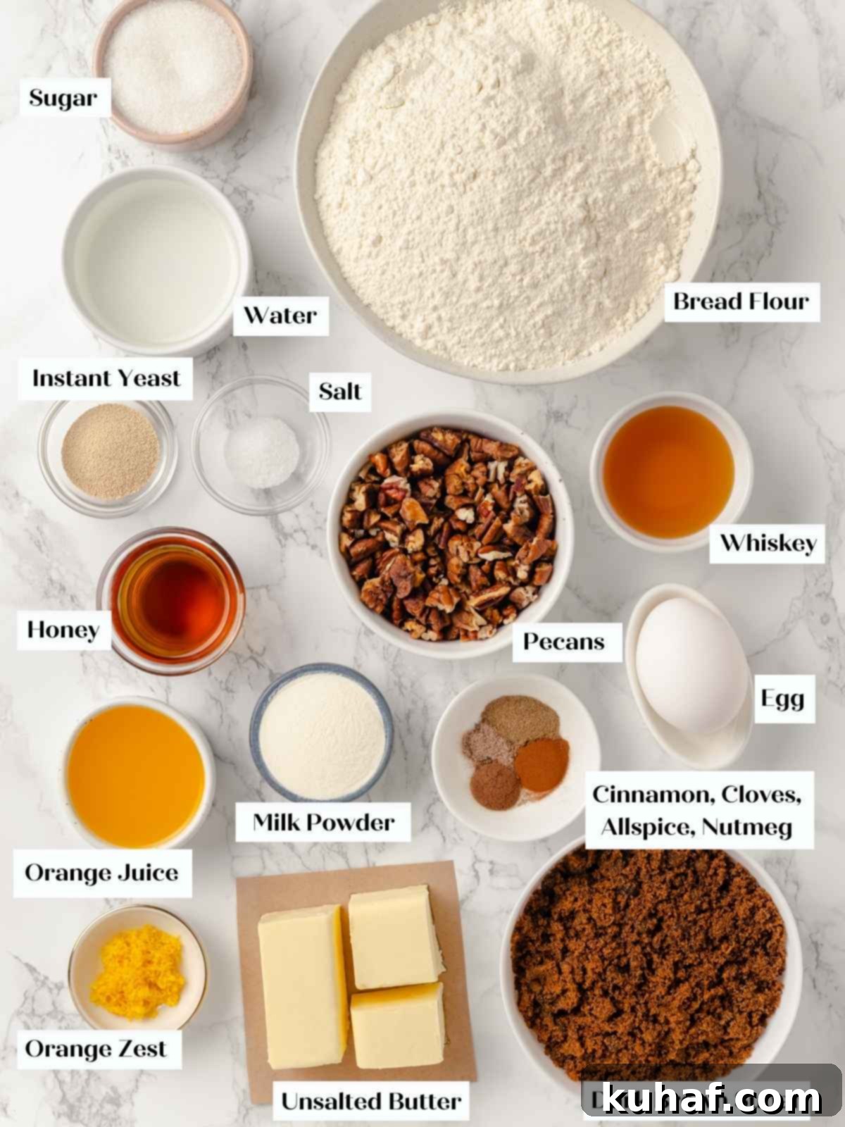 All the ingredients for sticky buns arranged on a countertop.