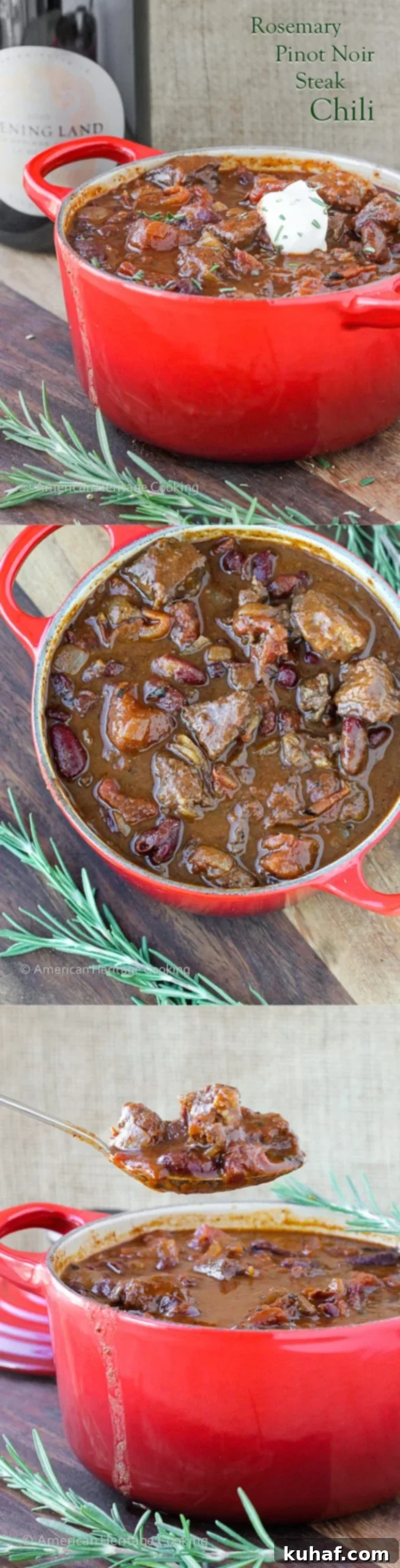 This flavorful Rosemary Pinot Noir Steak Chili is a spicy, hearty chili with tender pieces of steak and a hint of pinot noir and rosemary! 