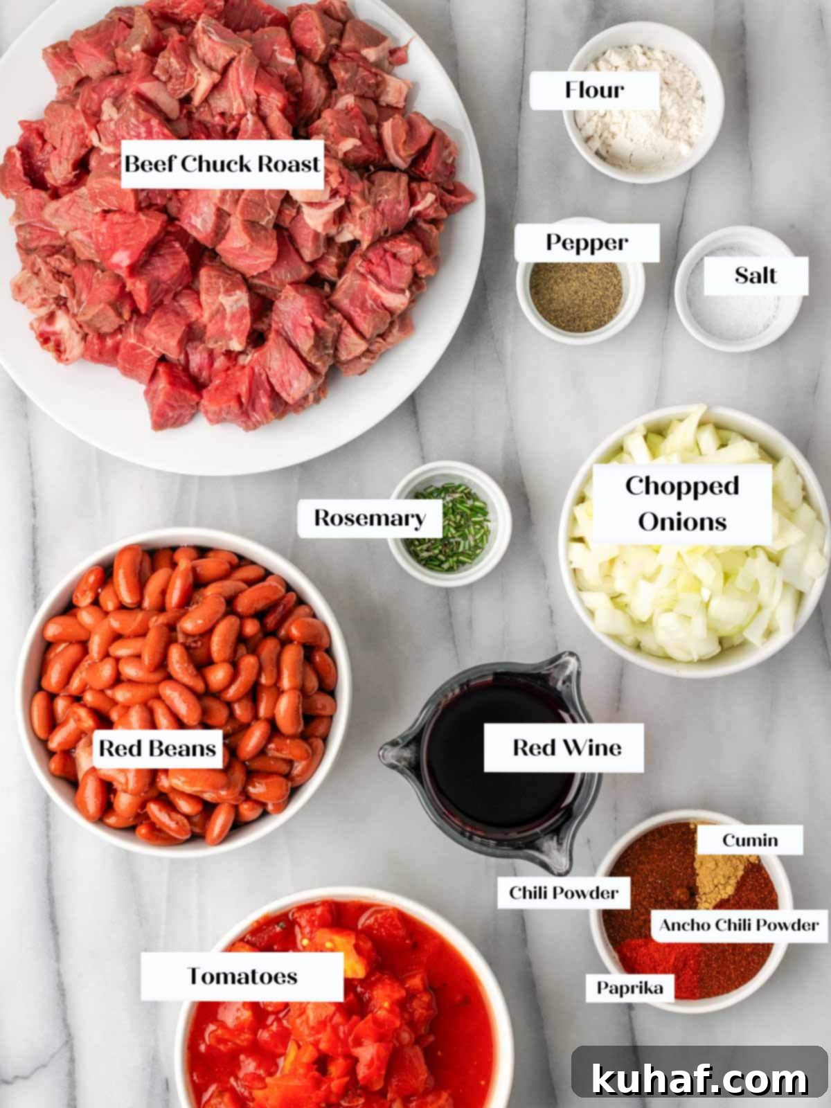 steak chili ingredients on marble.