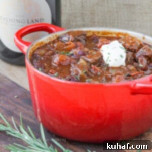 This flavorful Rosemary Pinot Noir Steak Chili is a spicy, hearty chili with tender pieces of steak and a hint of pinot noir and rosemary!