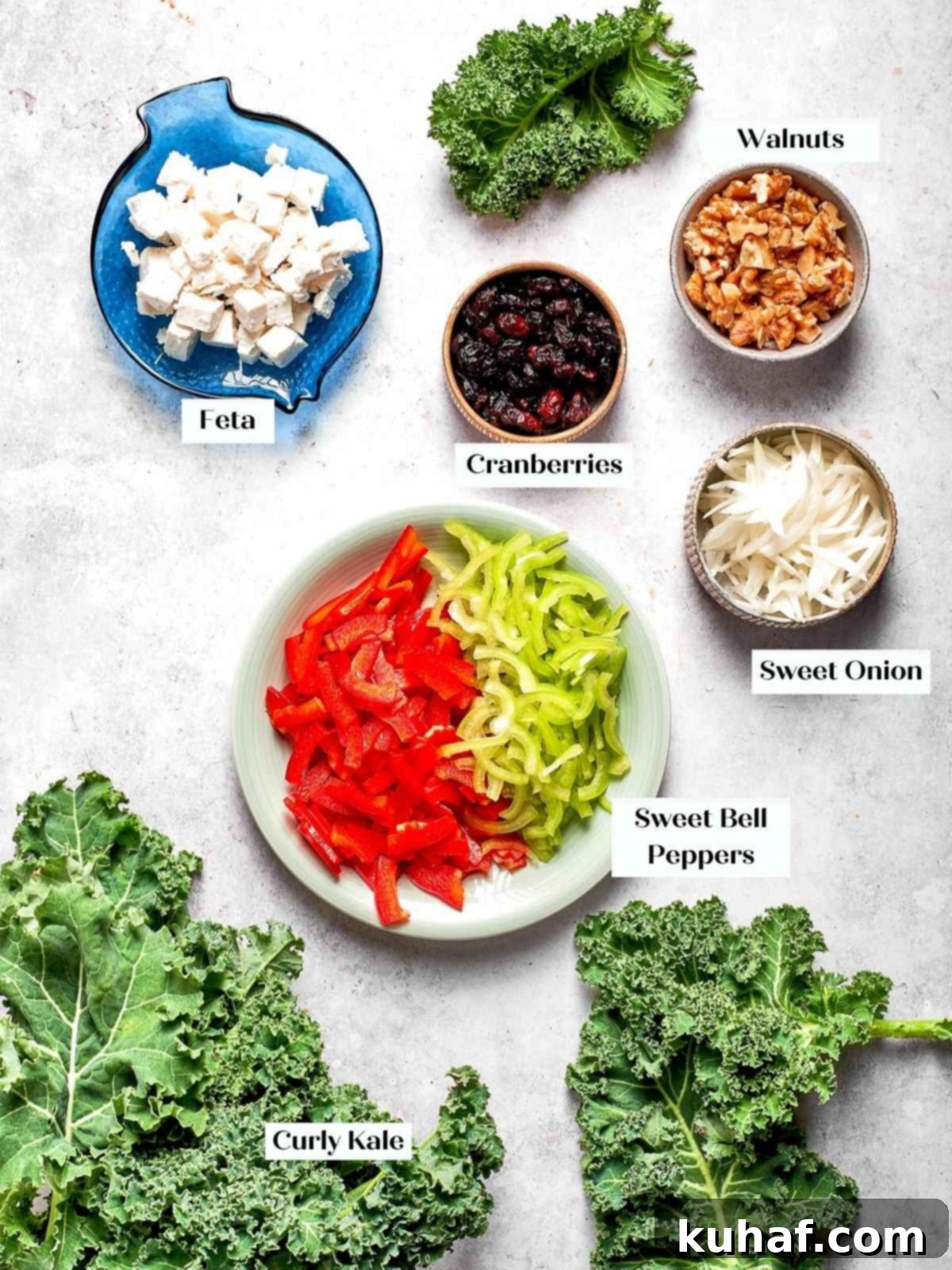 All the vibrant ingredients for the chopped kale salad, meticulously measured out and arranged on a counter, ready for preparation.
