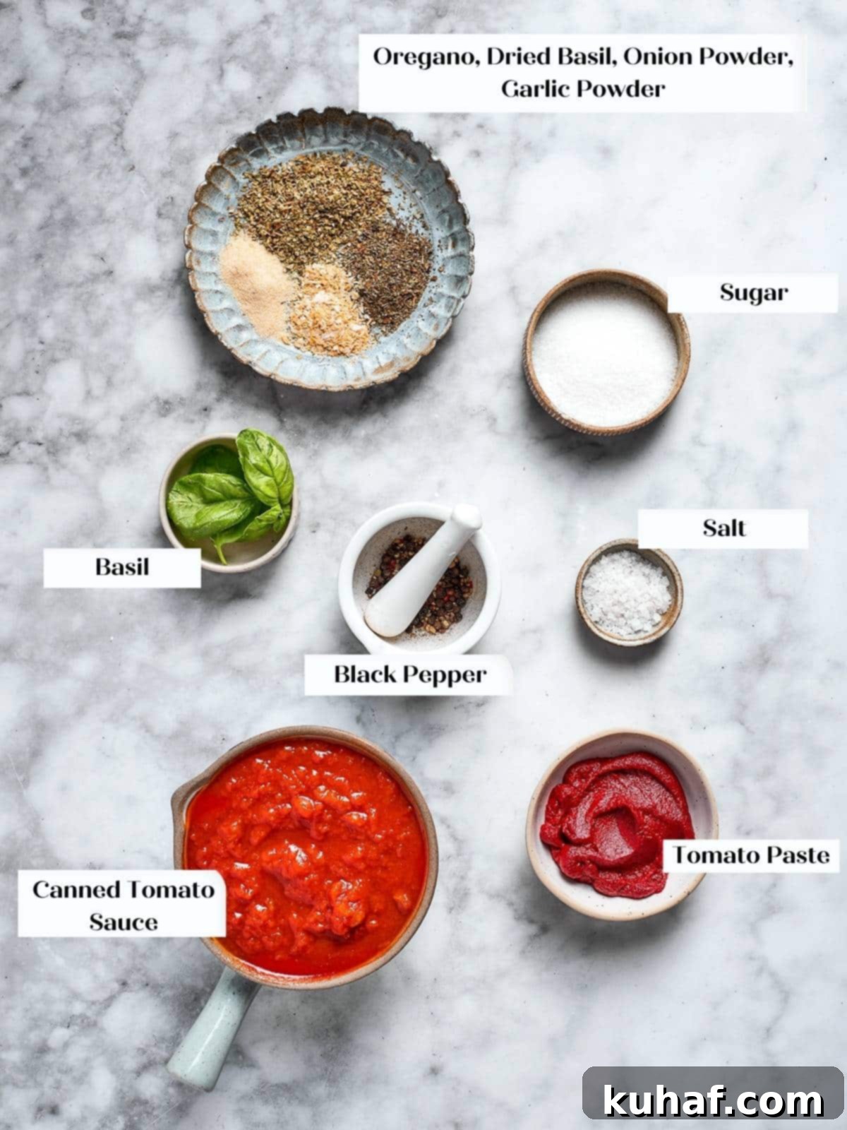 Perfect Homemade Pizza Sauce 4 Dried herbs and tomato products prepped for homemade pizza sauce.