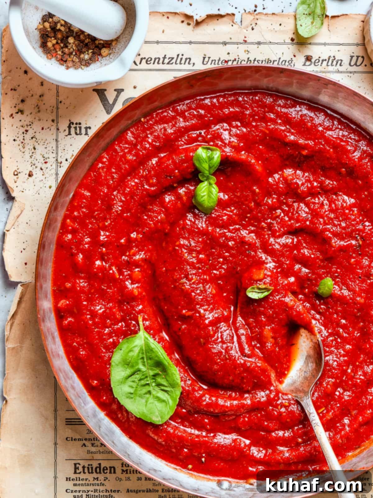 Perfect Homemade Pizza Sauce 9 A pan of finished pizza sauce with a swirl pattern on top.