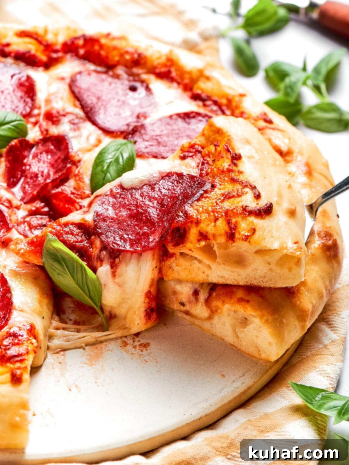 Cheese stretching between two pizza slices mid-pull.