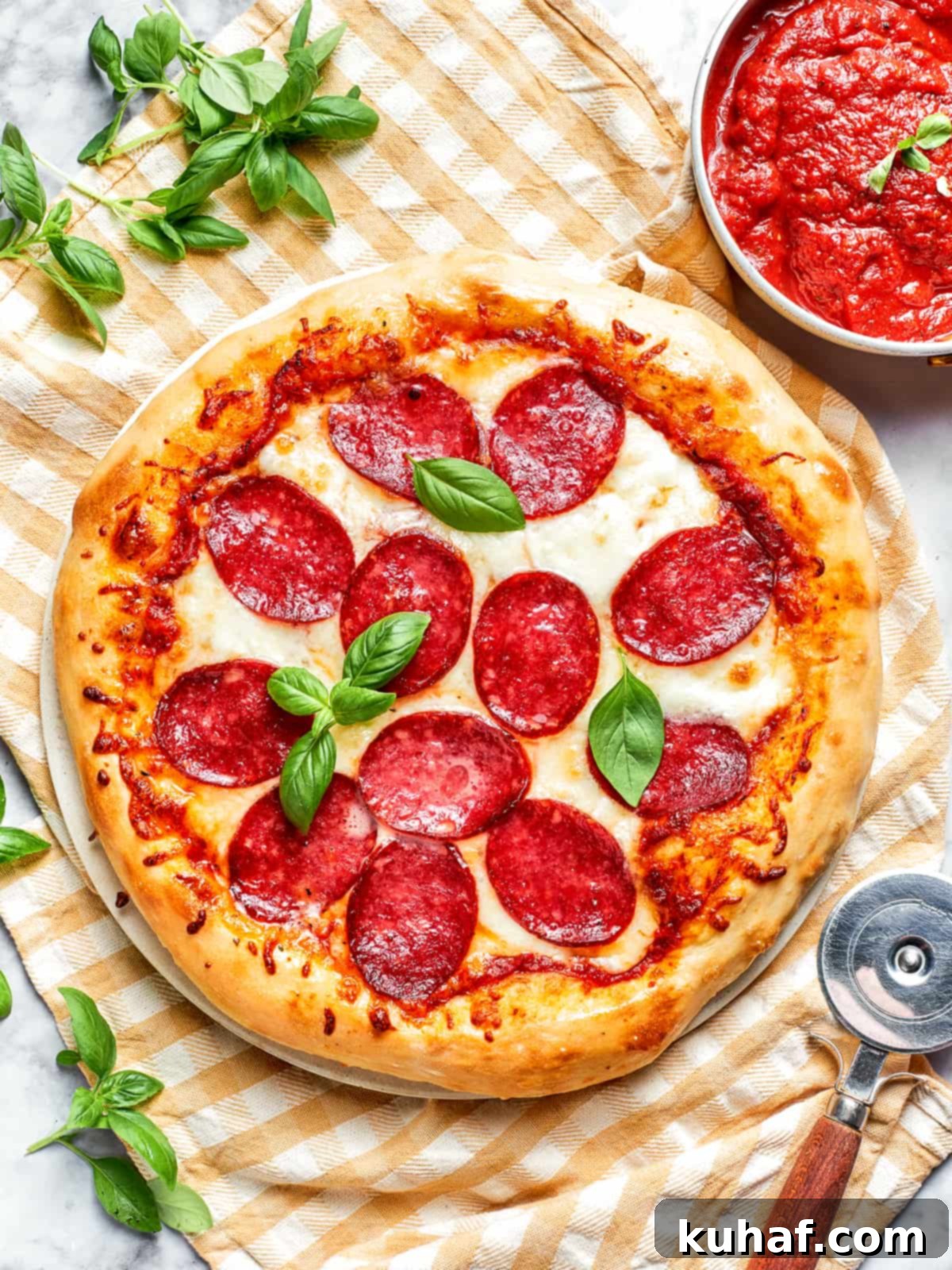 Overhead view of a complete pizza with golden crust and bubbling cheese.