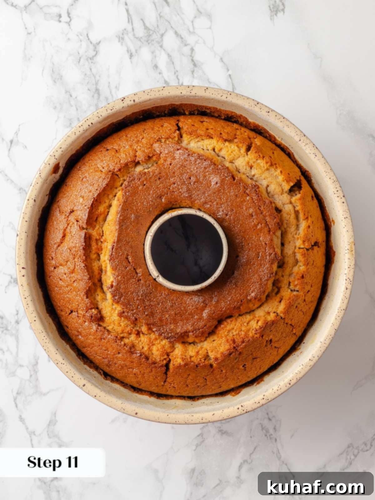 Golden brown cake fresh from the oven, still in the bundt pan, showing a perfect bake.