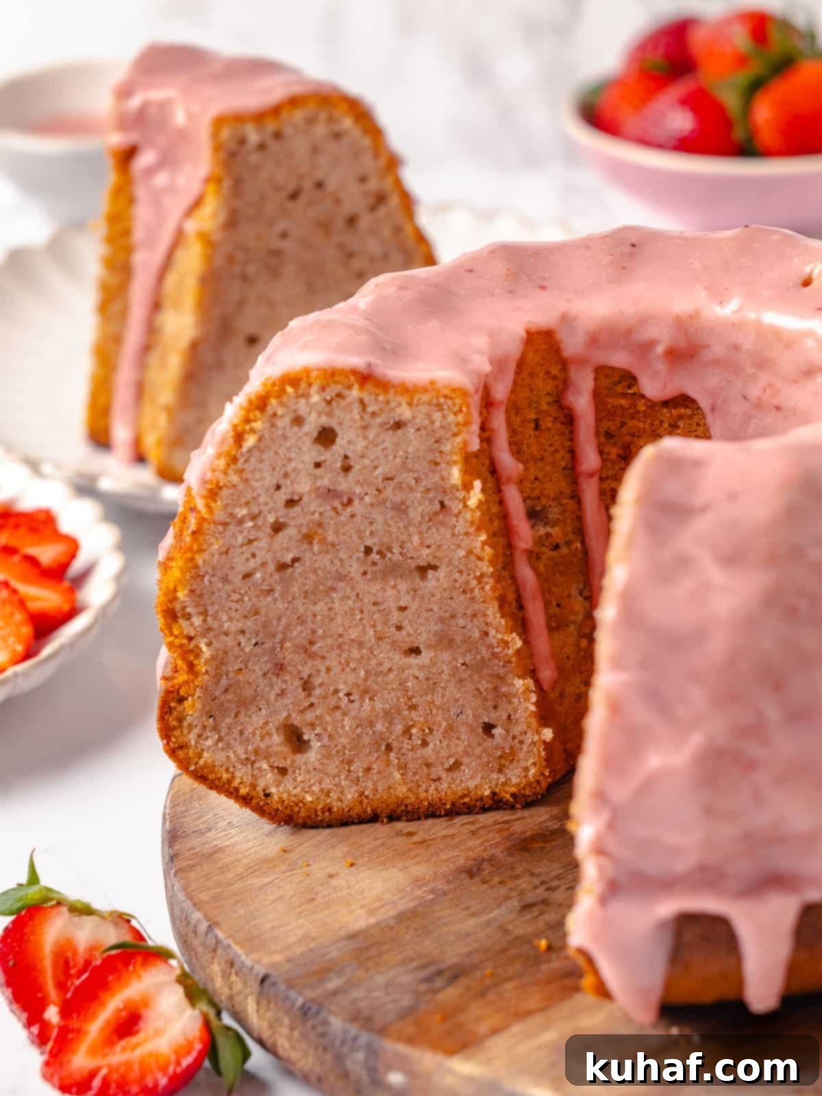 Sliced pound cake arranged artfully on a wooden cutting board, surrounded by fresh strawberries and crumbs, ready to be served.