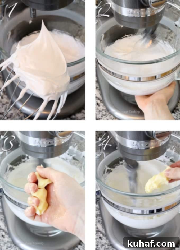 Photo 1 shows egg whites whipped to stiff peaks. Photo 2 shows softened butter being squeezed in a hand, indicating correct temperature.