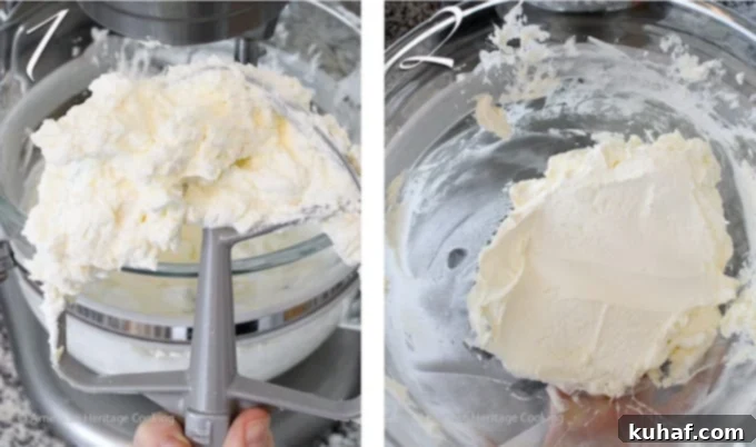Smooth Italian meringue buttercream against a paddle attachment, with no visible pieces of butter, indicating a perfect consistency.