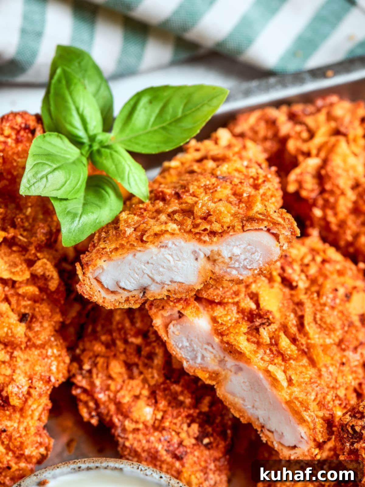One crispy air fryer chicken tender broken in half, revealing its tender, juicy interior and perfectly crunchy golden crust.