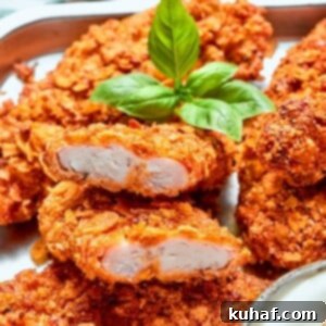 Tender interior of a perfectly cooked chicken strip, surrounded by a thick, incredibly crunchy Chex and breading crust.