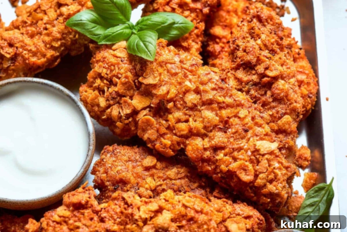 Finished air fryer chicken tenders garnished with vibrant fresh basil leaves for color and aromatic flavor.