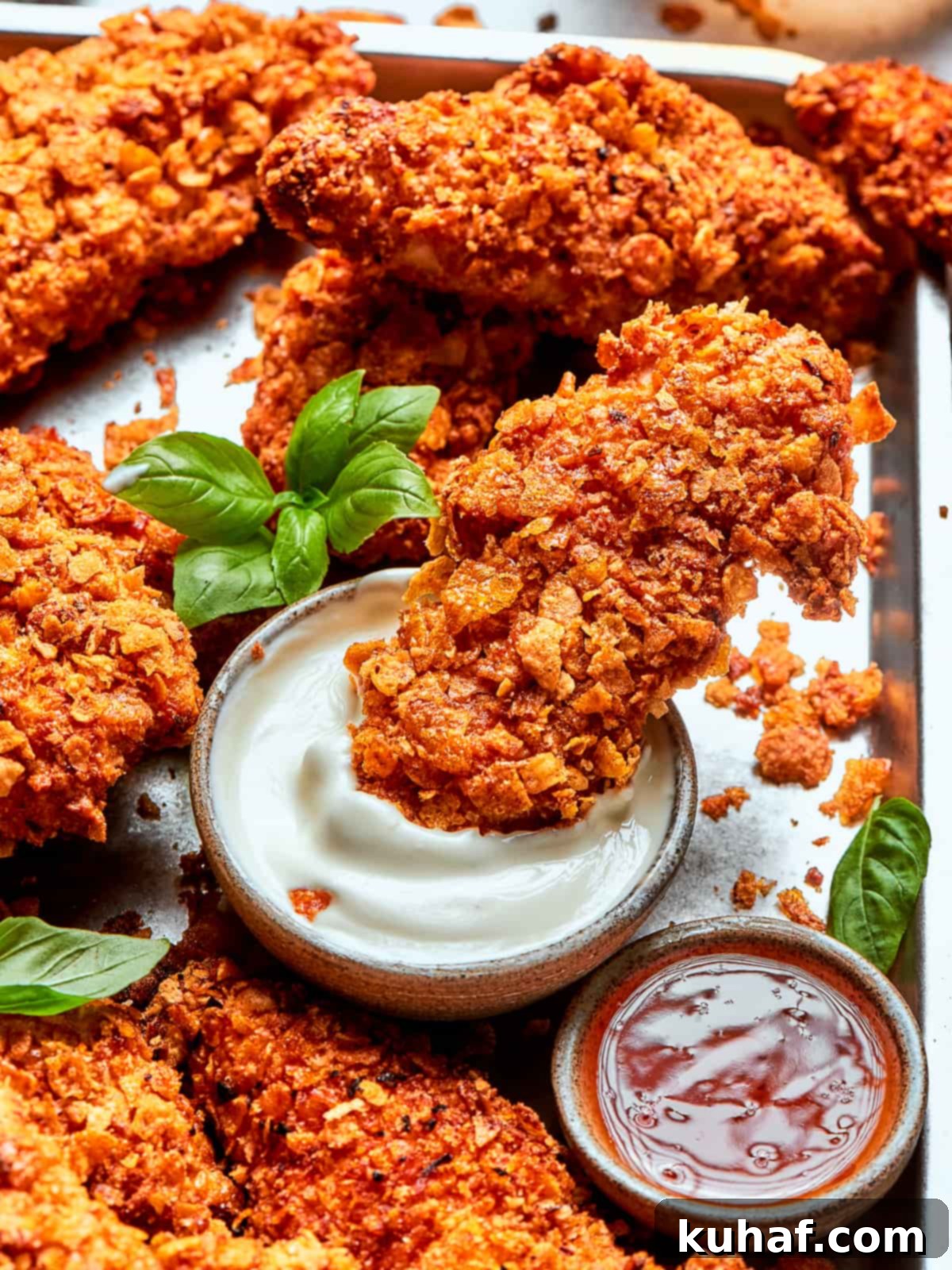 Fully cooked air fryer chicken tenders arranged on a serving tray, each boasting a uniform crisp and rich golden color, indicating perfect doneness.