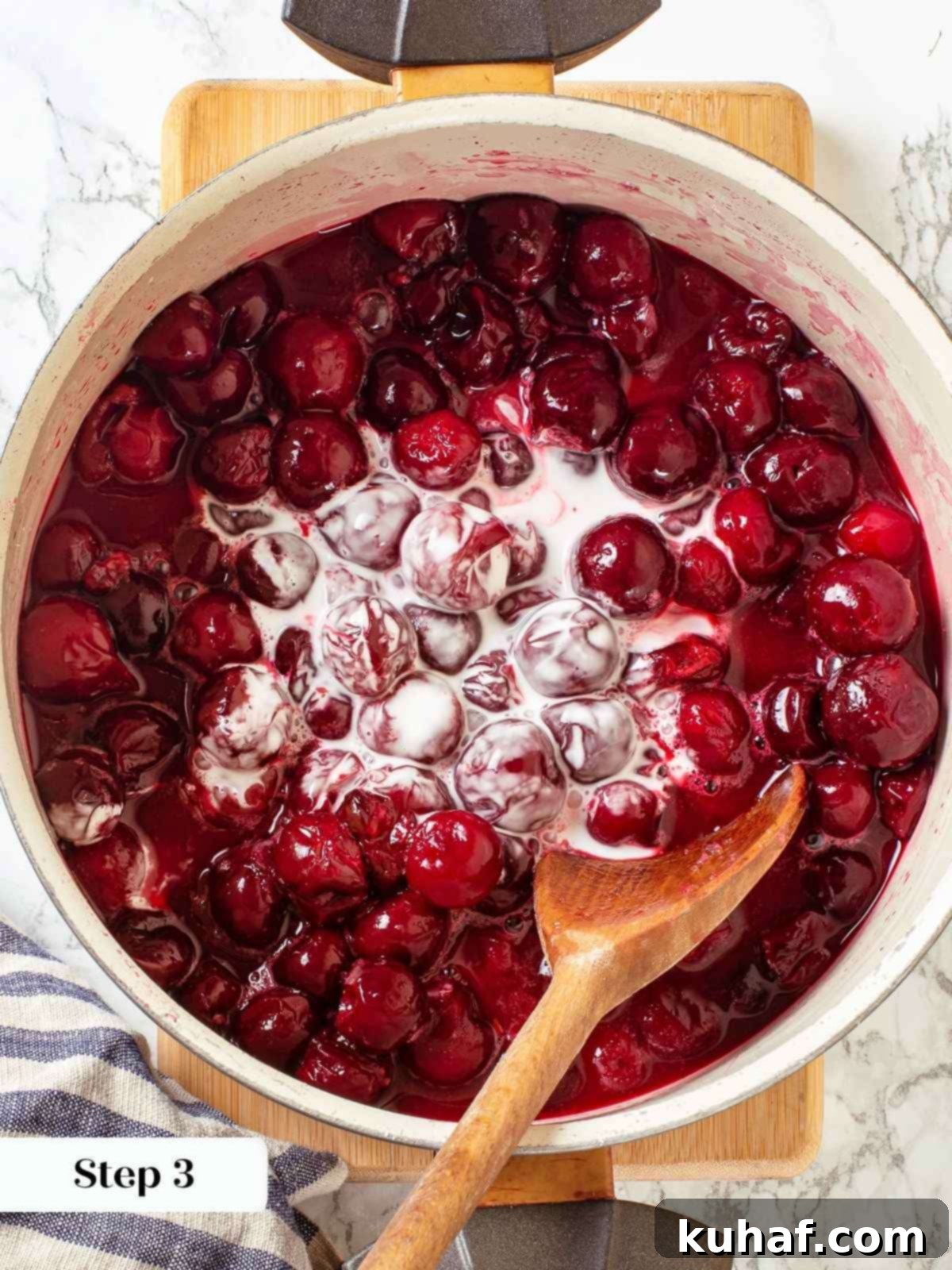 Thickener added to saucepan of cherries to begin thickening the filling as it cooks.