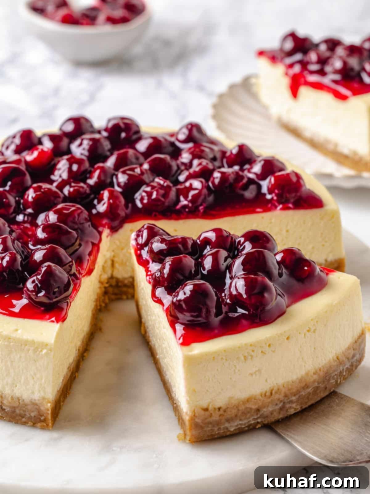 Graham-crusted slice of cheesecake being served with cherries on top and a smooth interior.