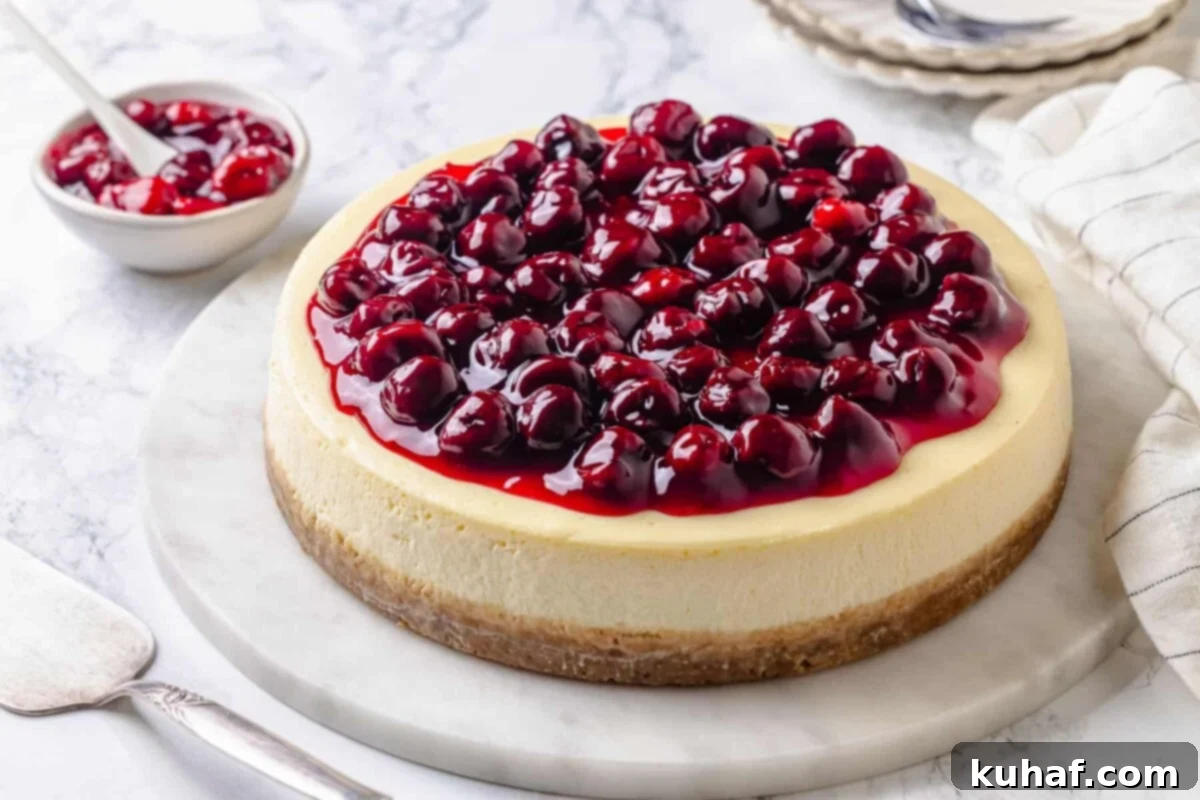 Finished cherry cheesecake resting on a white cake stand placed on a marble surface.