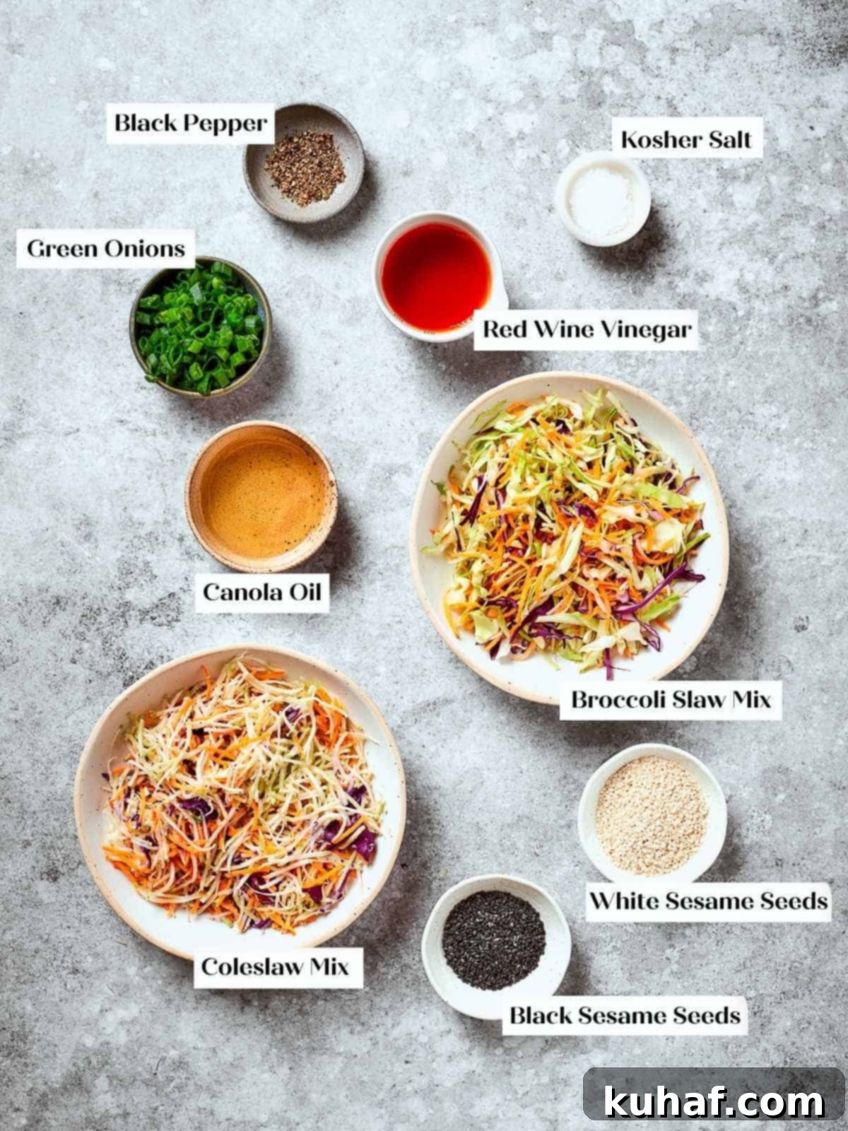 Mise en place of broccoli slaw ingredients arranged on counter before combining.