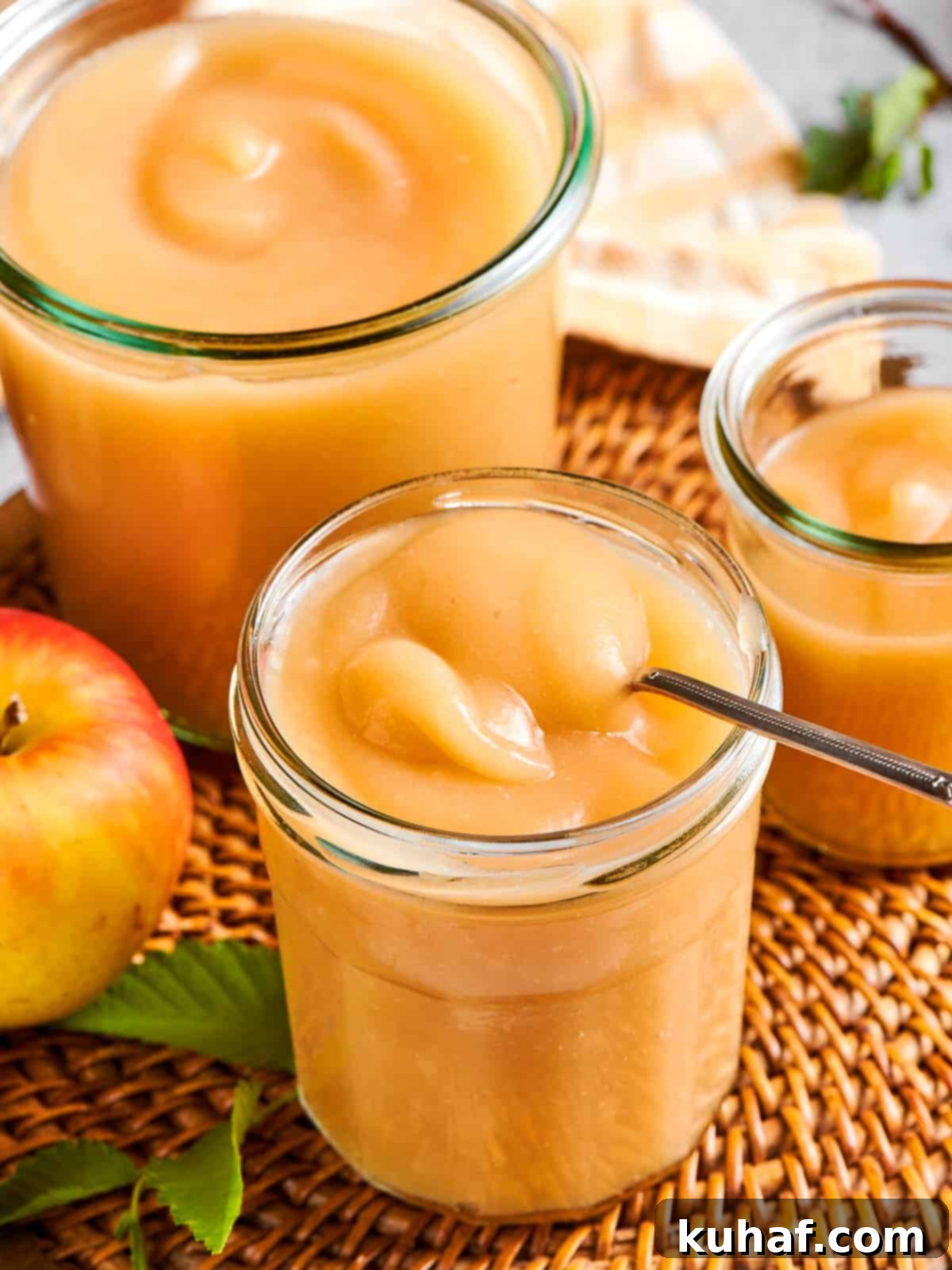 Easy 2 Ingredient Applesauce 2 A spoon rests inside a jar of homemade applesauce, ready for serving at the table, highlighting its smooth texture and rich color.