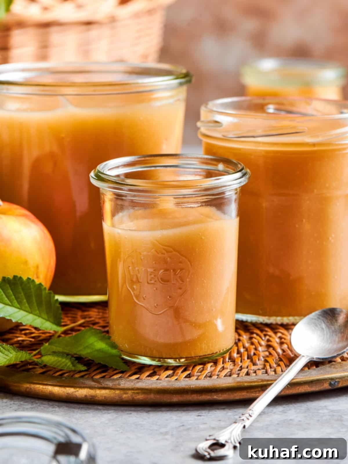 Easy 2 Ingredient Applesauce 8 Smooth, golden applesauce glistening in a clear jar, ready to be enjoyed as a healthy and natural snack.