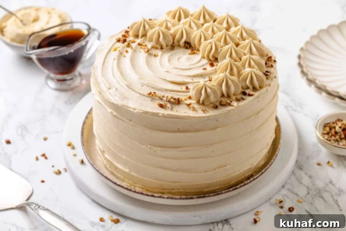 Pure Maple Indulgence 4 Beautifully frosted maple cake, whole and unsliced, showcasing a smooth and appealing finish ready for serving.