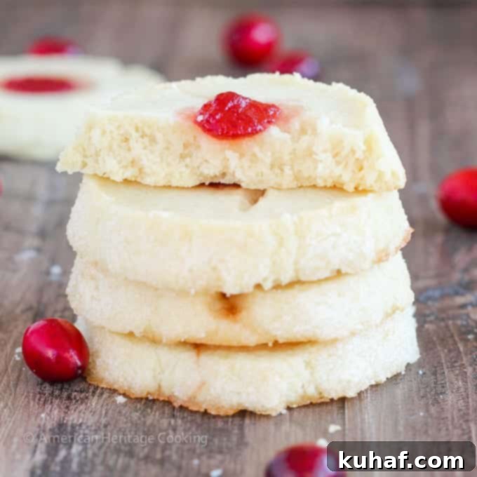 These Cranberry Thumbprint Cookies are a buttery shortbread cookie dough filled with a Moscato cranberry jam and baked to soft, tender perfection. 