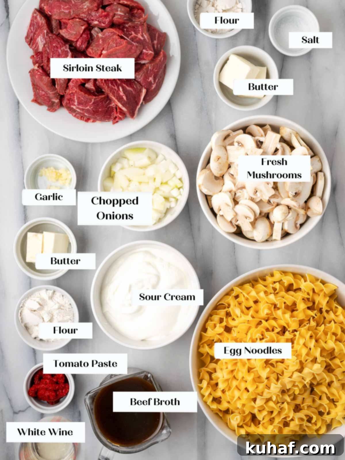 A selection of fresh ingredients laid out for making beef stroganoff, including beef, mushrooms, and spices.