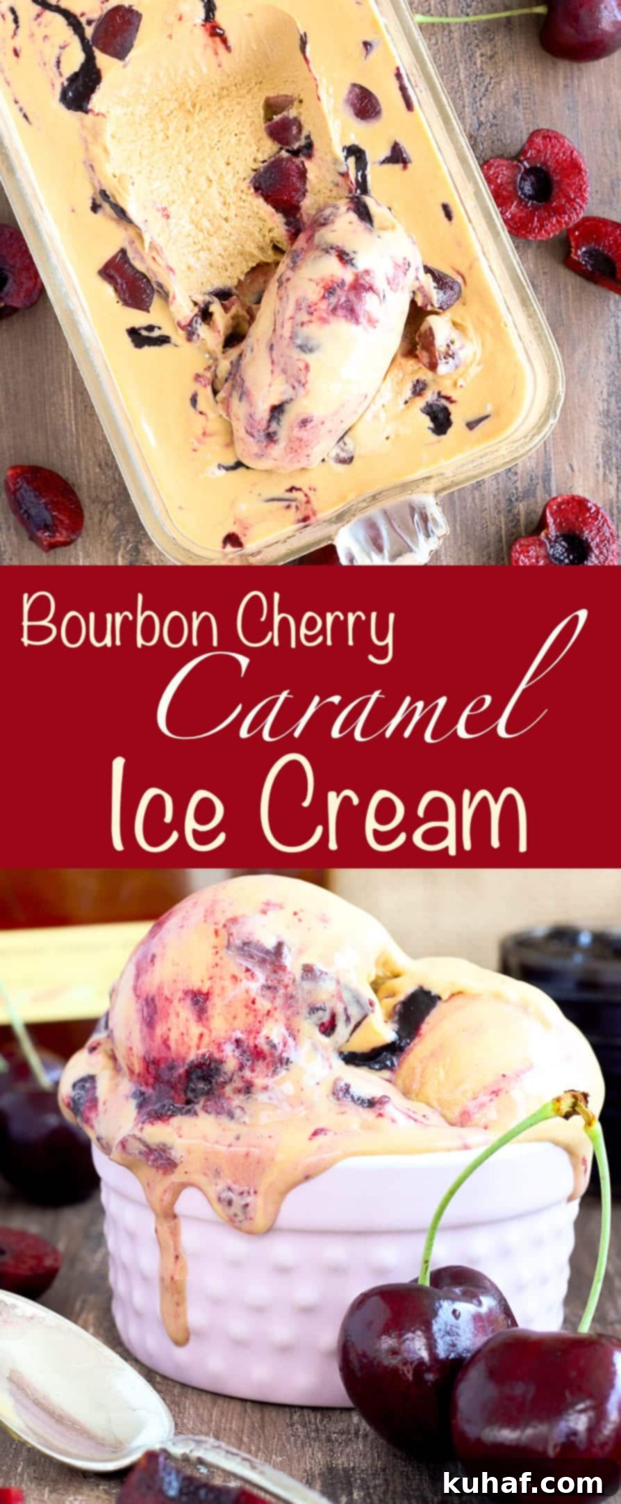 This Bourbon Cherry Caramel Ice Cream is a smooth, rich caramel ice cream with a homemade cherry jam swirl and Bourbon soaked cherries! 