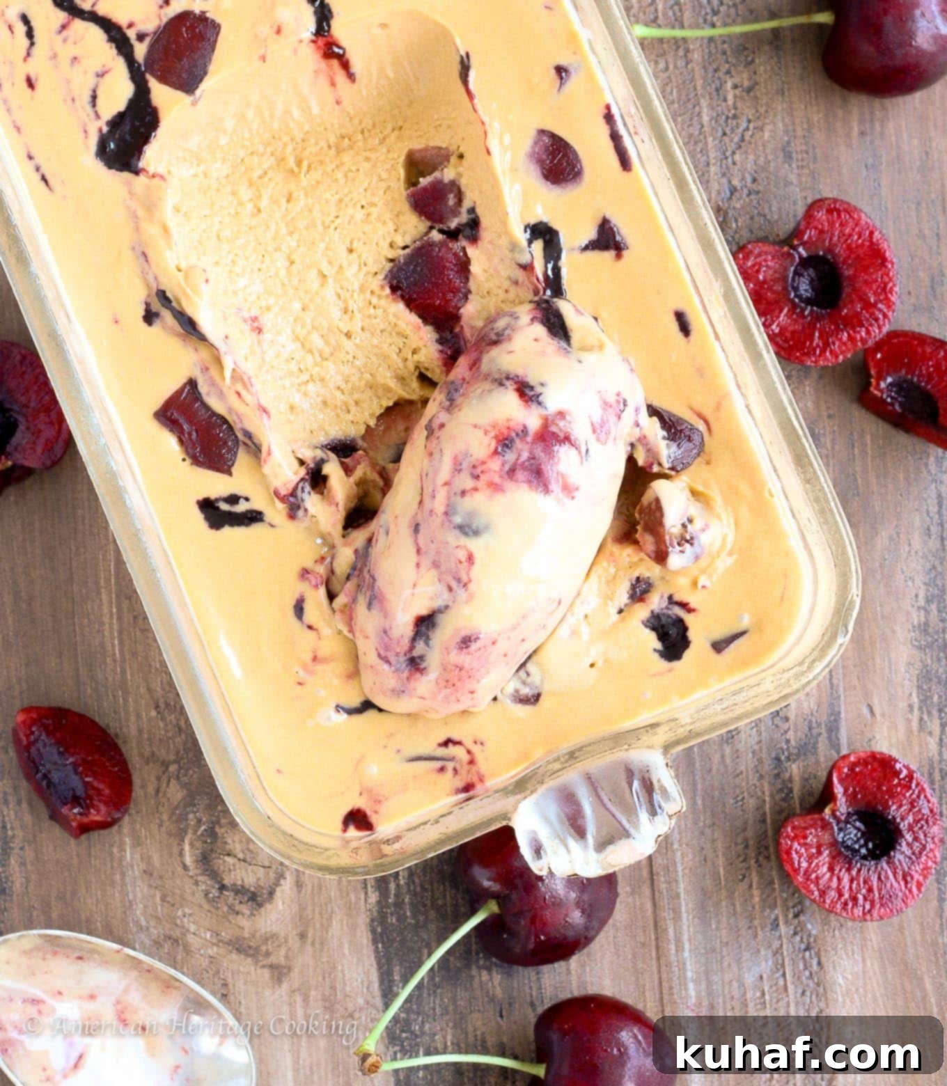 This Bourbon Cherry Caramel Ice Cream is a smooth, rich caramel ice cream with a homemade cherry jam swirl and Bourbon soaked cherries! 