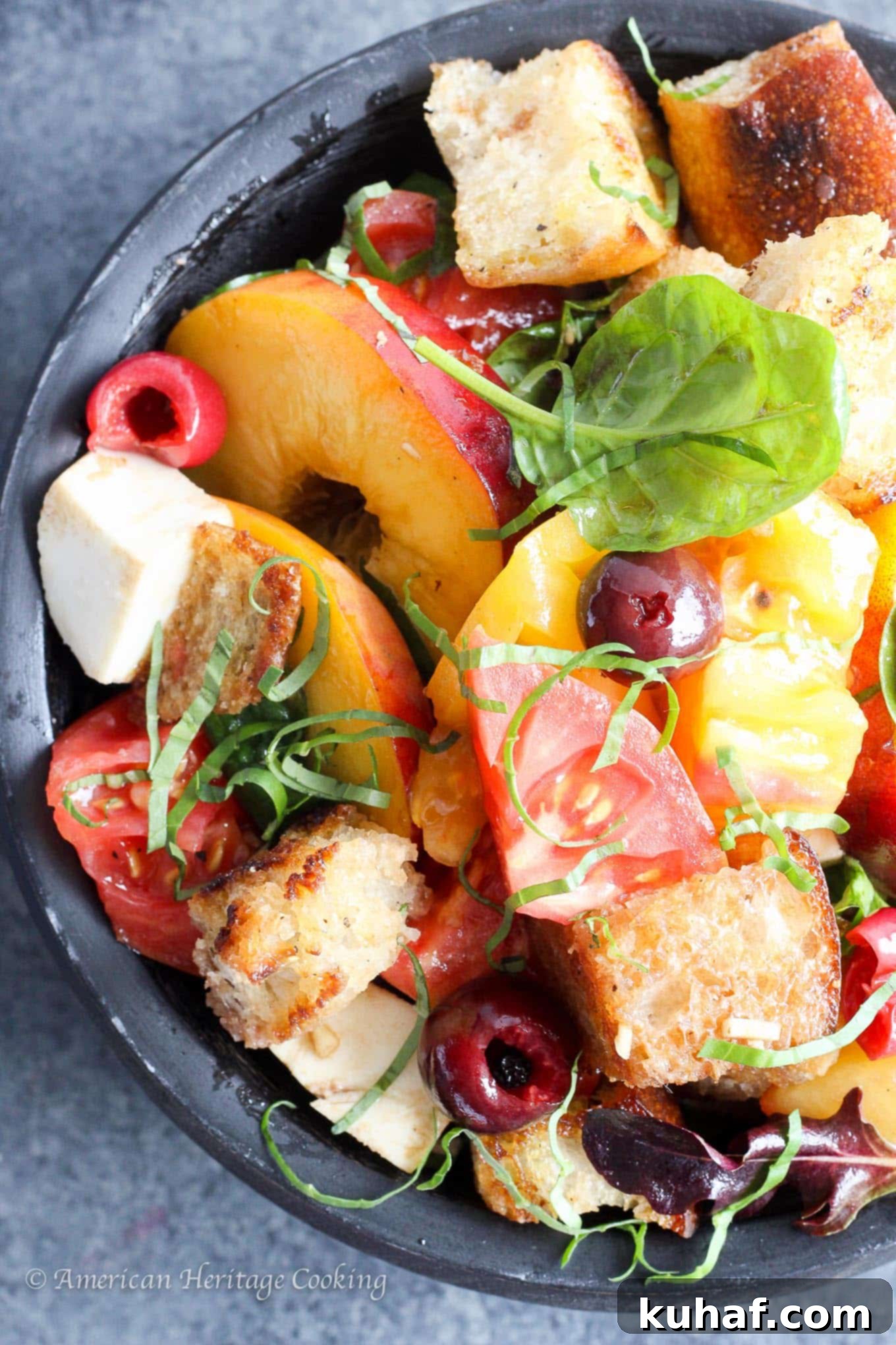 Sun-Kissed Stone Fruit Caprese Panzanella 2 Vibrant Stone Fruit Caprese Panzanella Salad with fresh peaches, nectarines, tomatoes, and mozzarella