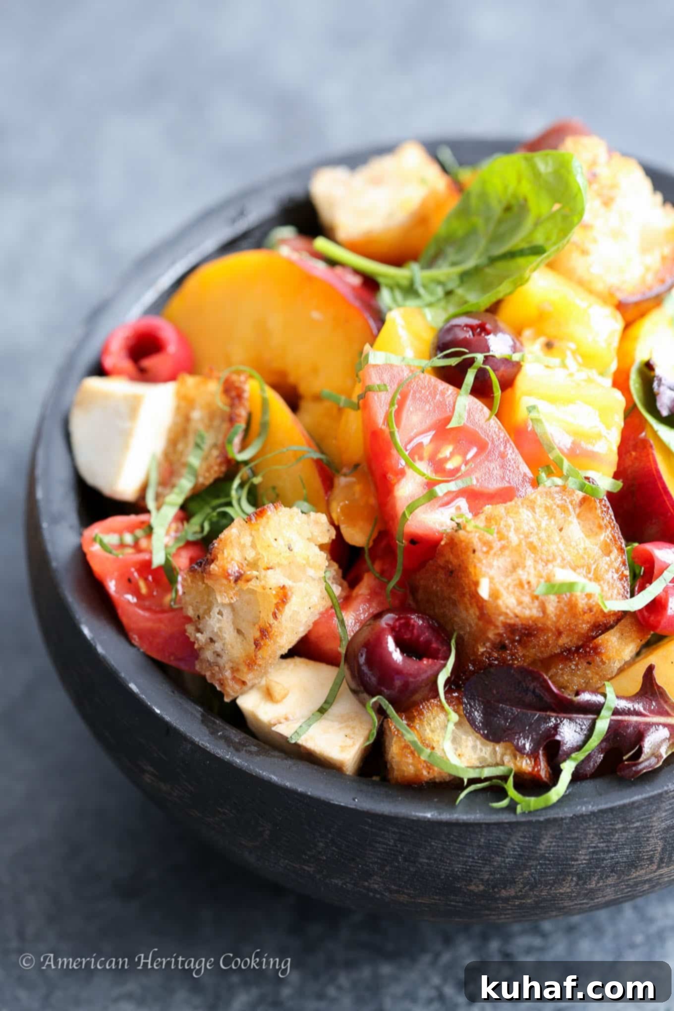 Sun-Kissed Stone Fruit Caprese Panzanella 3 Close-up of Stone Fruit Caprese Panzanella Salad showing textures of bread, fruit, and cheese