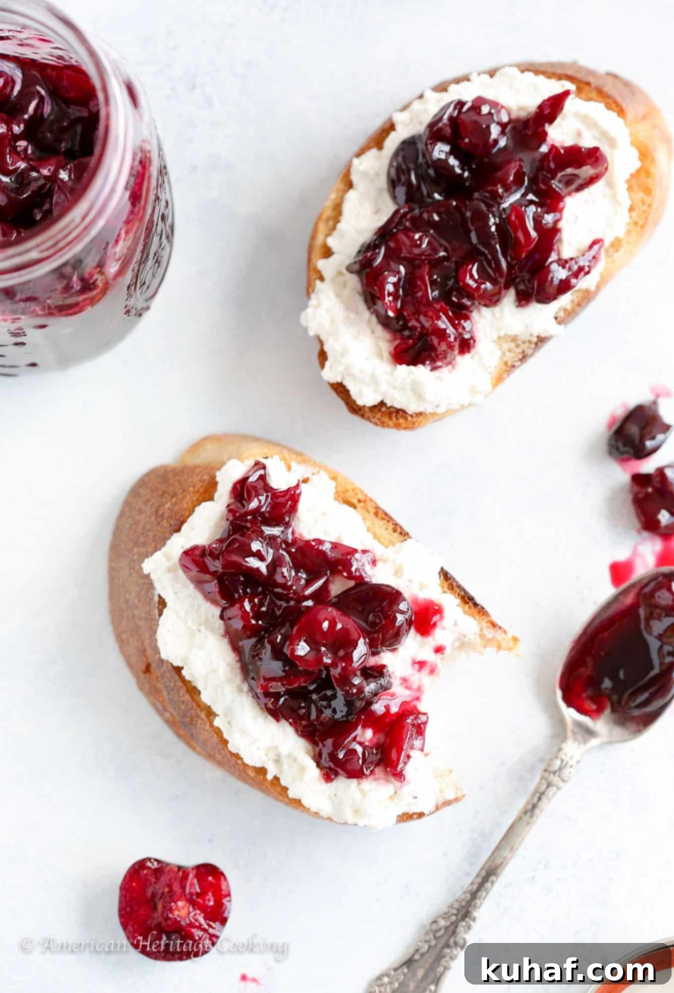 These Cherry Preserves are quick and easy! Enjoy summer's bounty all year long. I love spreading mine on black pepper honey ricotta toast for a delicious snack or breakfast.