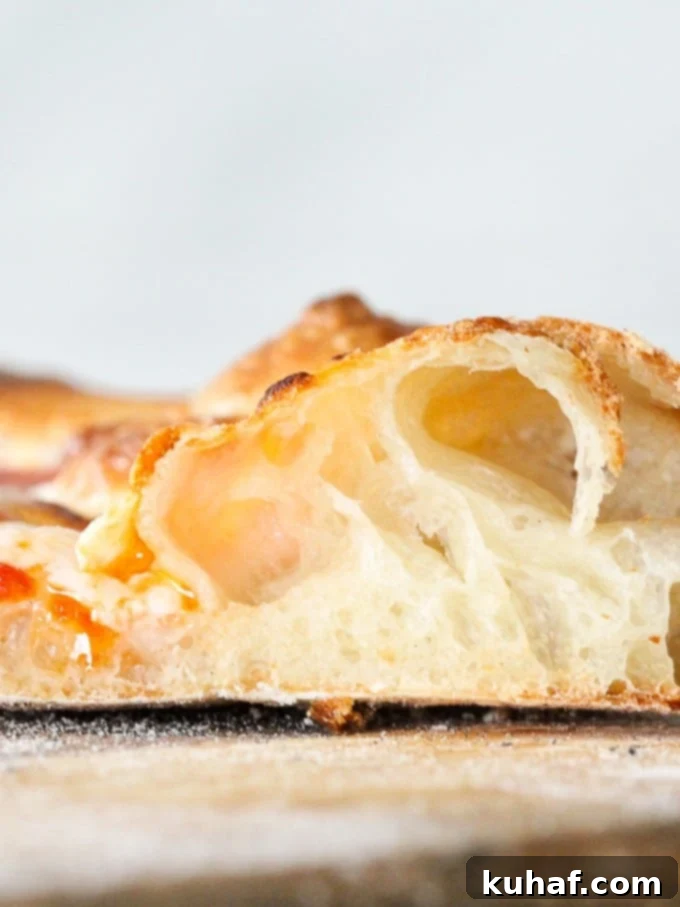 A close-up of a crisp and airy sourdough pizza crust, revealing abundant large bubbles and a golden-brown finish.