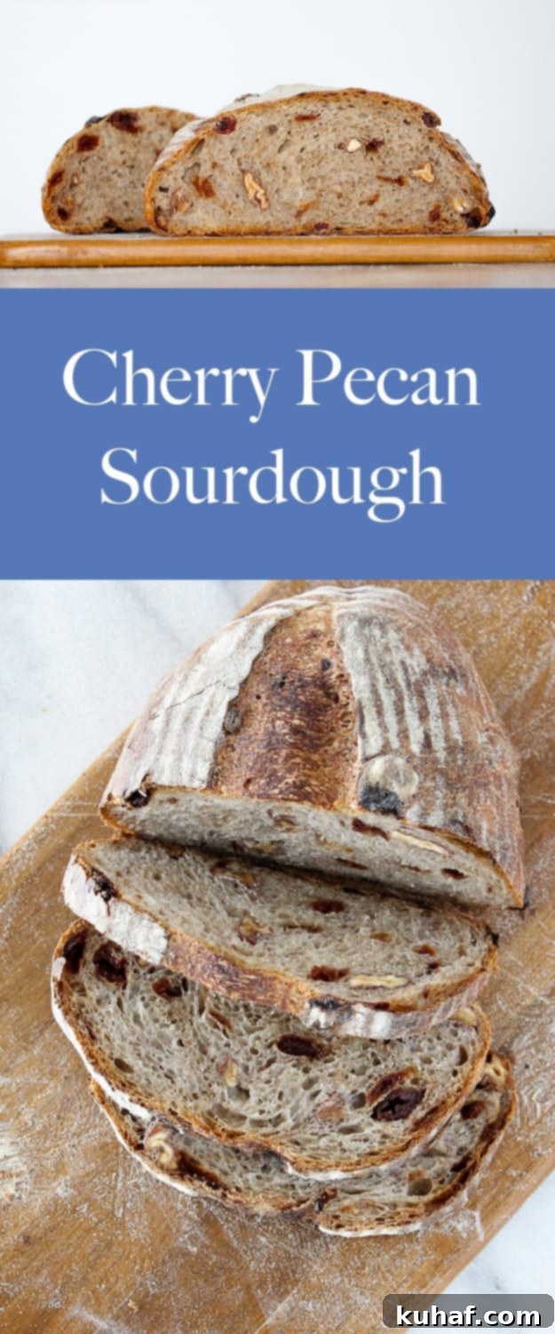 A tall, beautifully scored loaf of Cherry Pecan Sourdough Bread, with a deep golden crust.