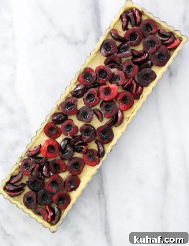 A beautifully baked Cherry Almond Tart, showcasing a golden crust, caramelized frangipane, and glistening jammy cherries, ready to be served.