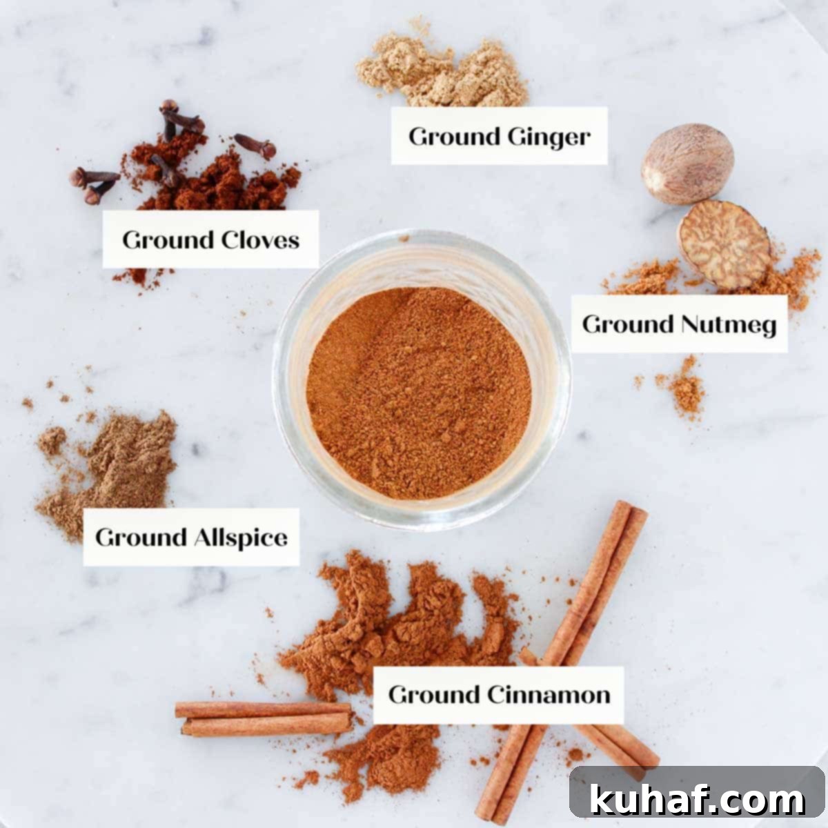 Individual spices (cinnamon, ginger, cloves, nutmeg, allspice) arranged in small bowls, ready for mixing.
