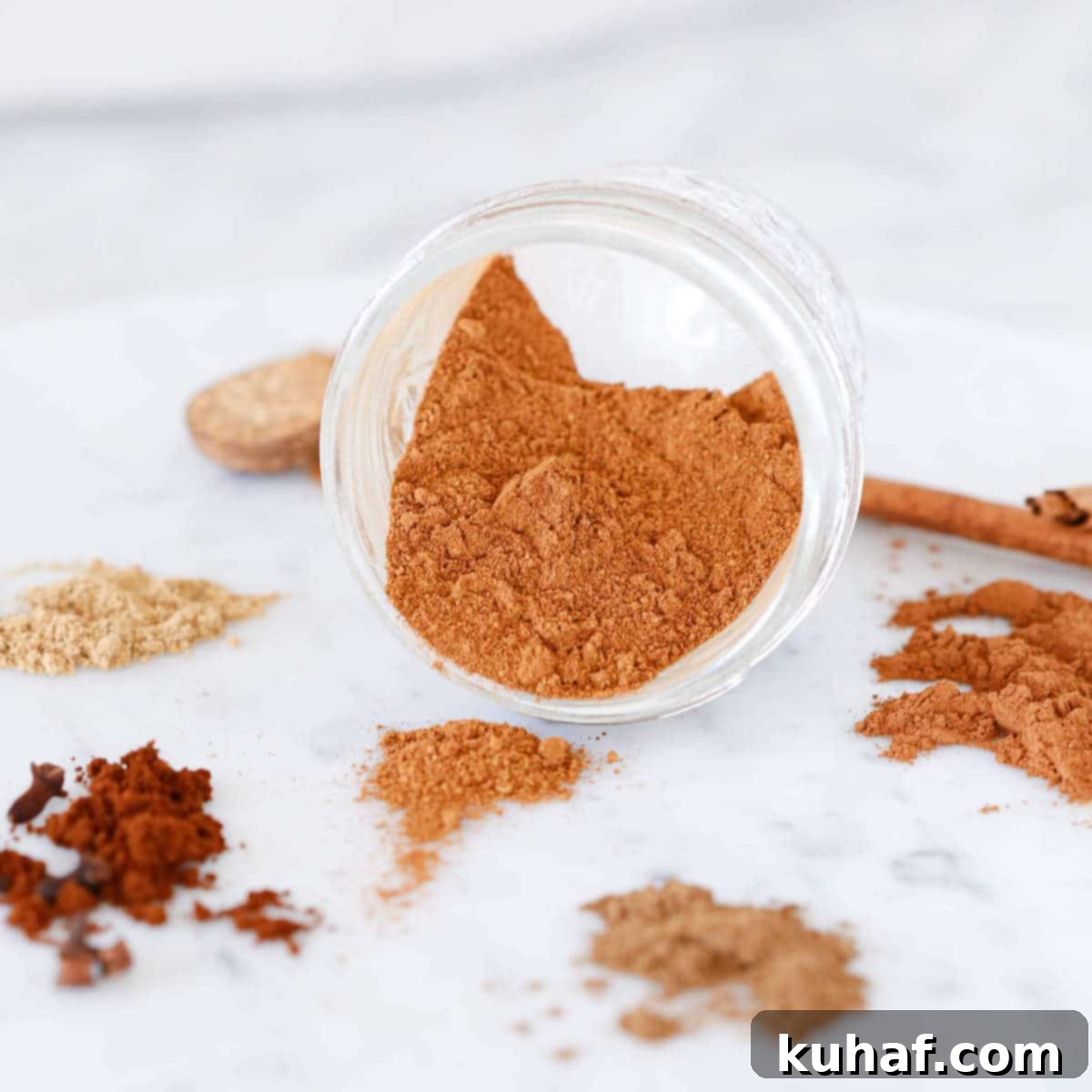 Assortment of whole and ground pumpkin spices on a elegant marble surface.