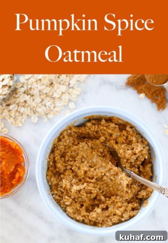 Spiced Pumpkin Harvest Oats 4 A close-up shot of pumpkin spice oatmeal, highlighting its creamy texture and autumnal spices, looking like a warm hug on a chilly day.