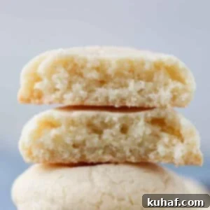 one chewy sugar cookie broken in half and stacked.