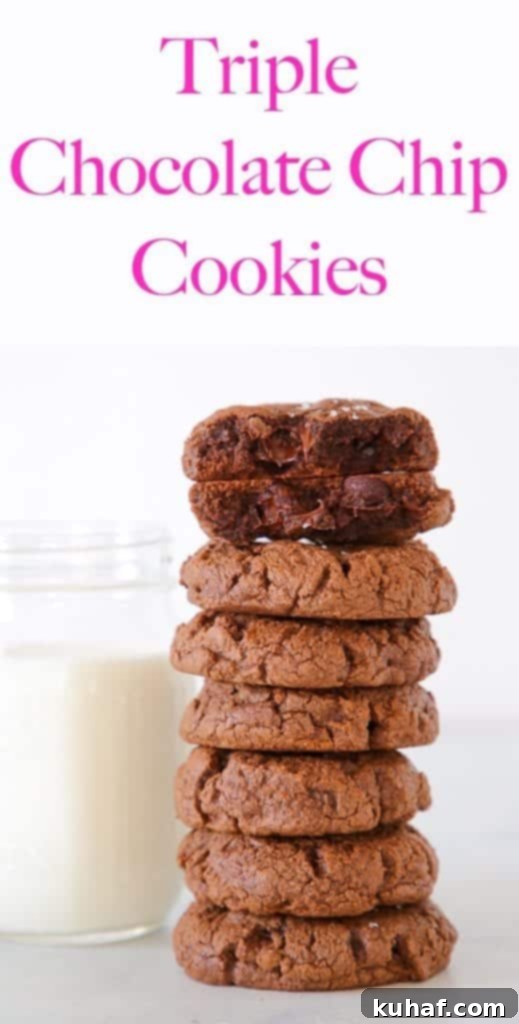 These Triple Chocolate Chip Cookies are decadently chocolatey, thick and chewy! They have just a hint of salt to really make the chocolate pop!