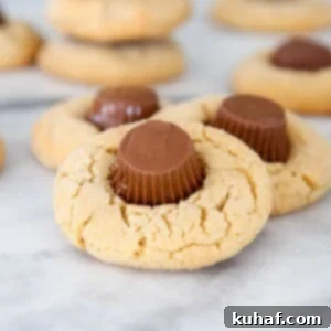 Peanut Butter Cup Delights 4 Close-up of a Peanut Butter Cup Blossom cookie, showing the soft Reese's cup center and crinkled peanut butter cookie texture.